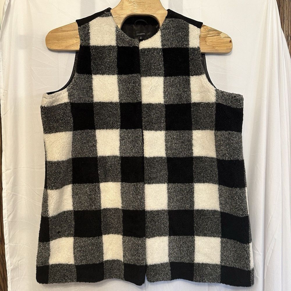 Talbots Size 2XL Black White Blanket Gingham Check Long Wool Blend Vest Jacket